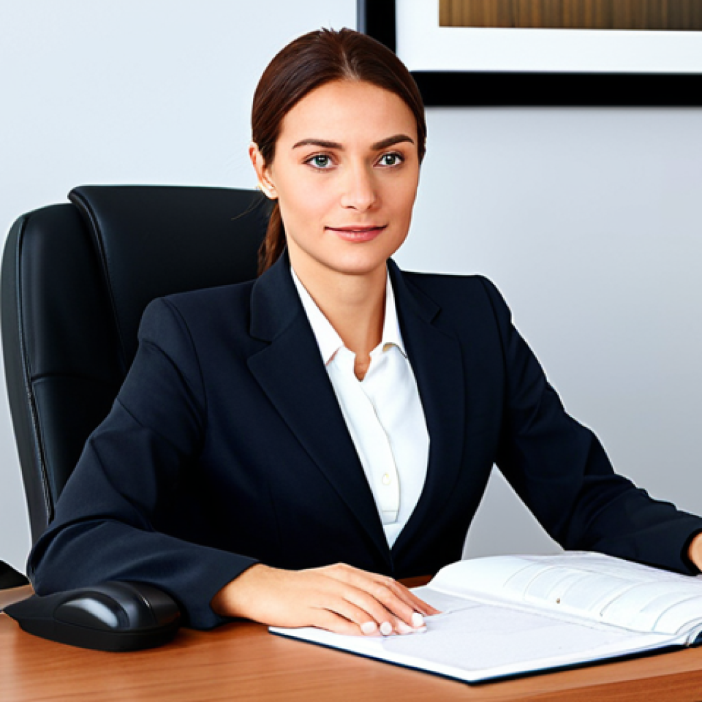 A professional businesswoman in a modest business suit, sitting at a desk in a modern office, fully clothed, appropriate attire, safe for work, perfect anatomy, natural proportions, professional photography, high quality.