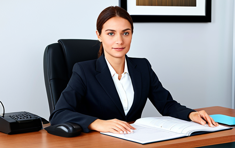 A professional businesswoman in a modest business suit, sitting at a desk in a modern office, fully clothed, appropriate attire, safe for work, perfect anatomy, natural proportions, professional photography, high quality.