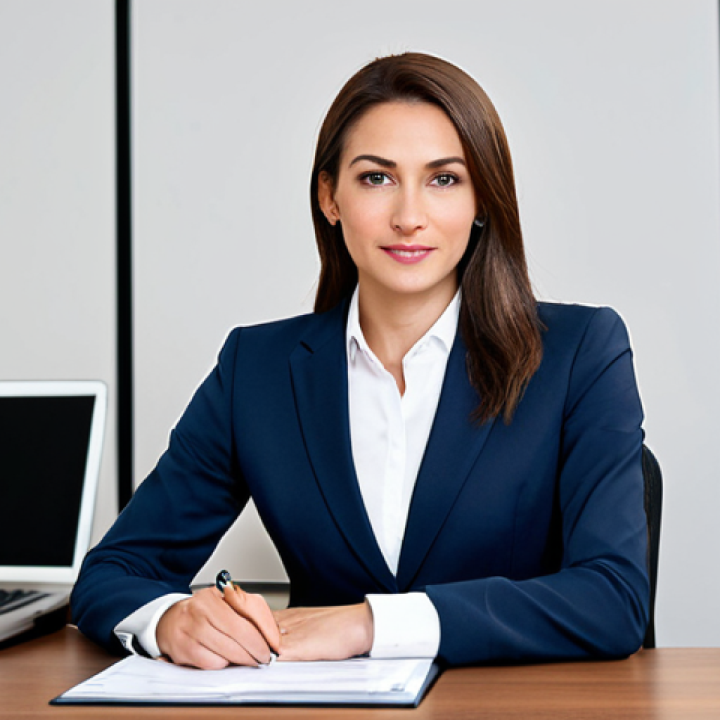 A professional businesswoman in a modest business suit, sitting at a desk in a modern office, fully clothed, appropriate attire, safe for work, perfect anatomy, natural proportions, professional photography, high quality.