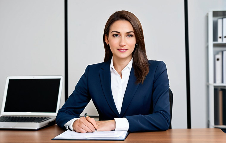 A professional businesswoman in a modest business suit, sitting at a desk in a modern office, fully clothed, appropriate attire, safe for work, perfect anatomy, natural proportions, professional photography, high quality.