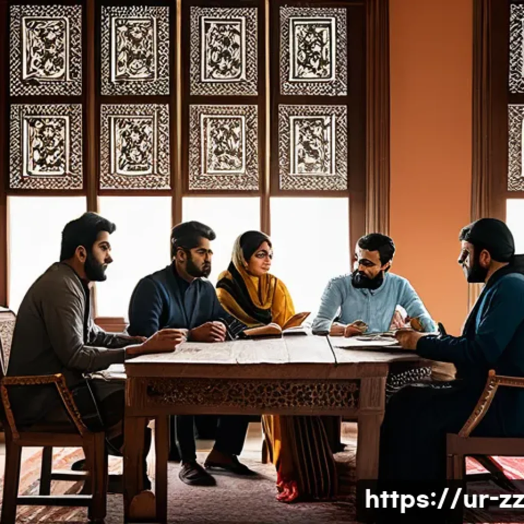 생성적 대화법으로 인재 양성하기 - A diverse group of Urdu-speaking professionals engaged in a creative dialogue session inside a moder...