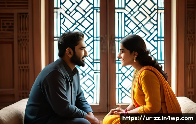 생성적 대화법의 감정적 접근 - A warm, intimate scene showing two South Asian adults engaged in deep conversation in a cozy living ...