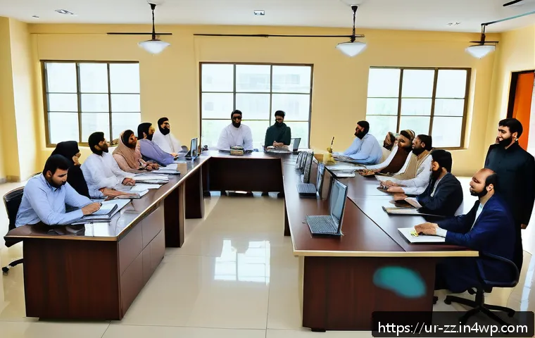 생성적 대화법을 통한 조직 내 혁신 촉진 - A modern office setting in Pakistan with a diverse team engaged in a creative dialogue session, men ...