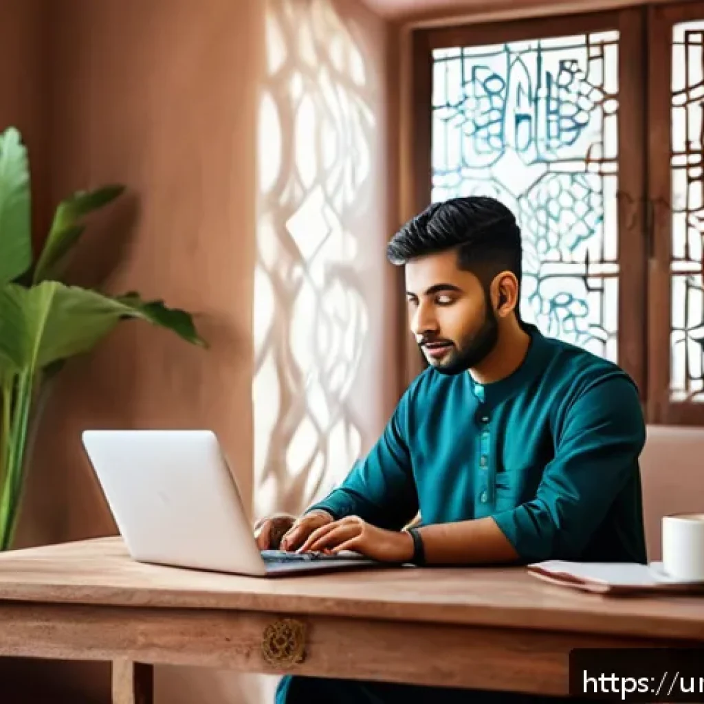 생성적 대화법의 악용 사례와 예방 방법 - A modern digital security setup scene featuring a young South Asian man in traditional shalwar kamee...