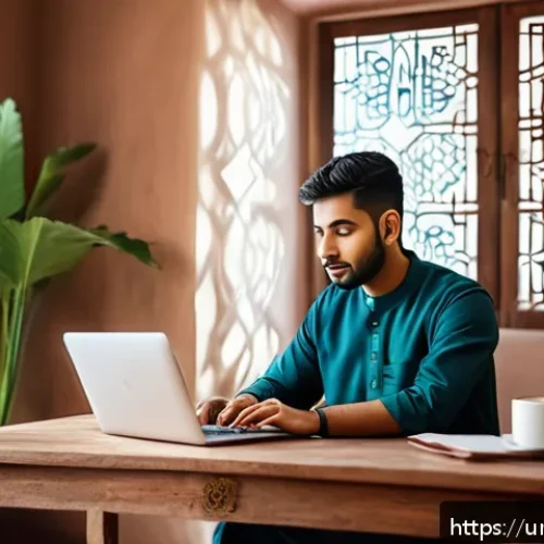 Home 33 생성적 대화법의 악용 사례와 예방 방법 - A modern digital security setup scene featuring a young South Asian man in traditional shalwar kamee...