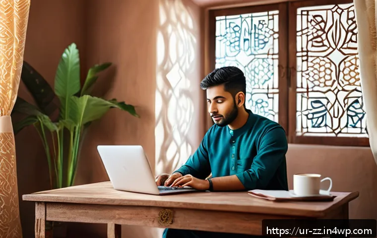 생성적 대화법의 악용 사례와 예방 방법 - A modern digital security setup scene featuring a young South Asian man in traditional shalwar kamee...