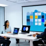Home 19 생성적 대화법을 통한 팀 내 소통 개선 - A modern office team meeting scene in Pakistan, featuring diverse team members speaking Urdu, Punjab...