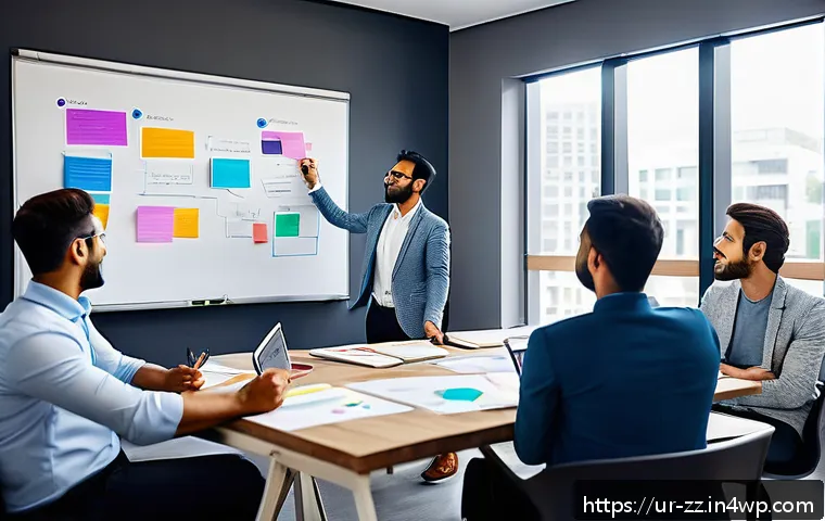 생성적 대화법으로 성과를 극대화하는 법 - A diverse group of professional adults engaged in a creative brainstorming session in a modern offic...
