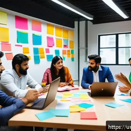 Home 17 생성적 대화법으로 창의적 문제 해결하기 - A vibrant, modern office scene in Karachi, Pakistan, showing a diverse team of young professionals e...